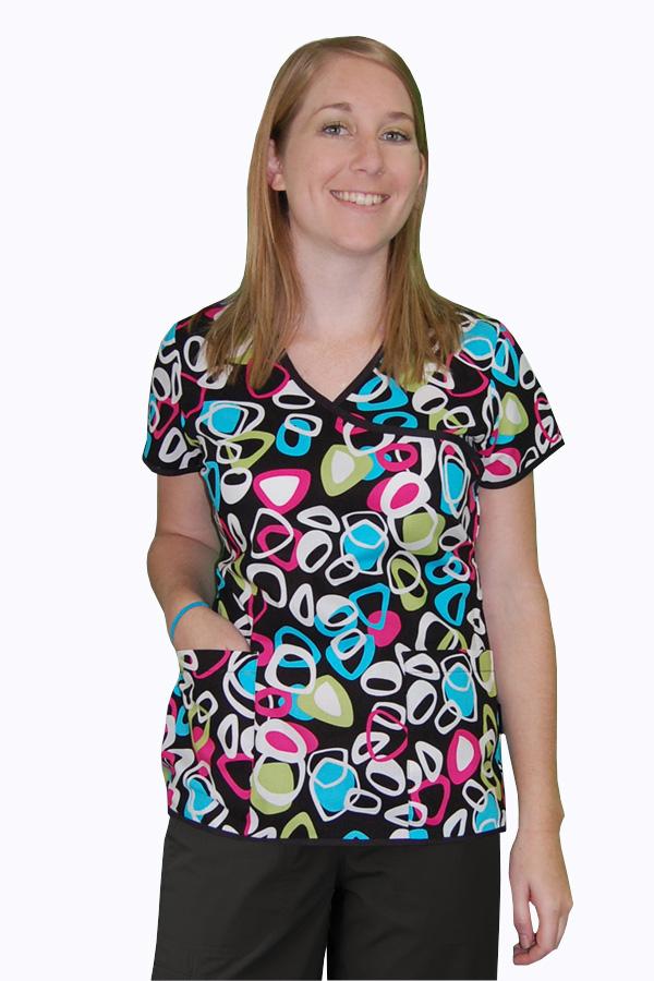 Mock Wrap Retro Circles/Multi scrub top